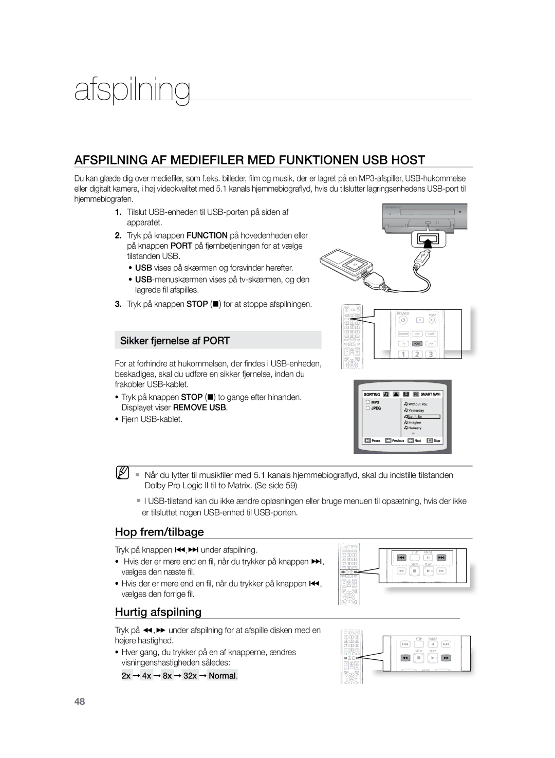 Samsung HT-TZ325R/XEE, HT-Z320R/XEE Afspilning af mediefiler med funktionen USB Host, Hop frem/tilbage, Hurtig afspilning 