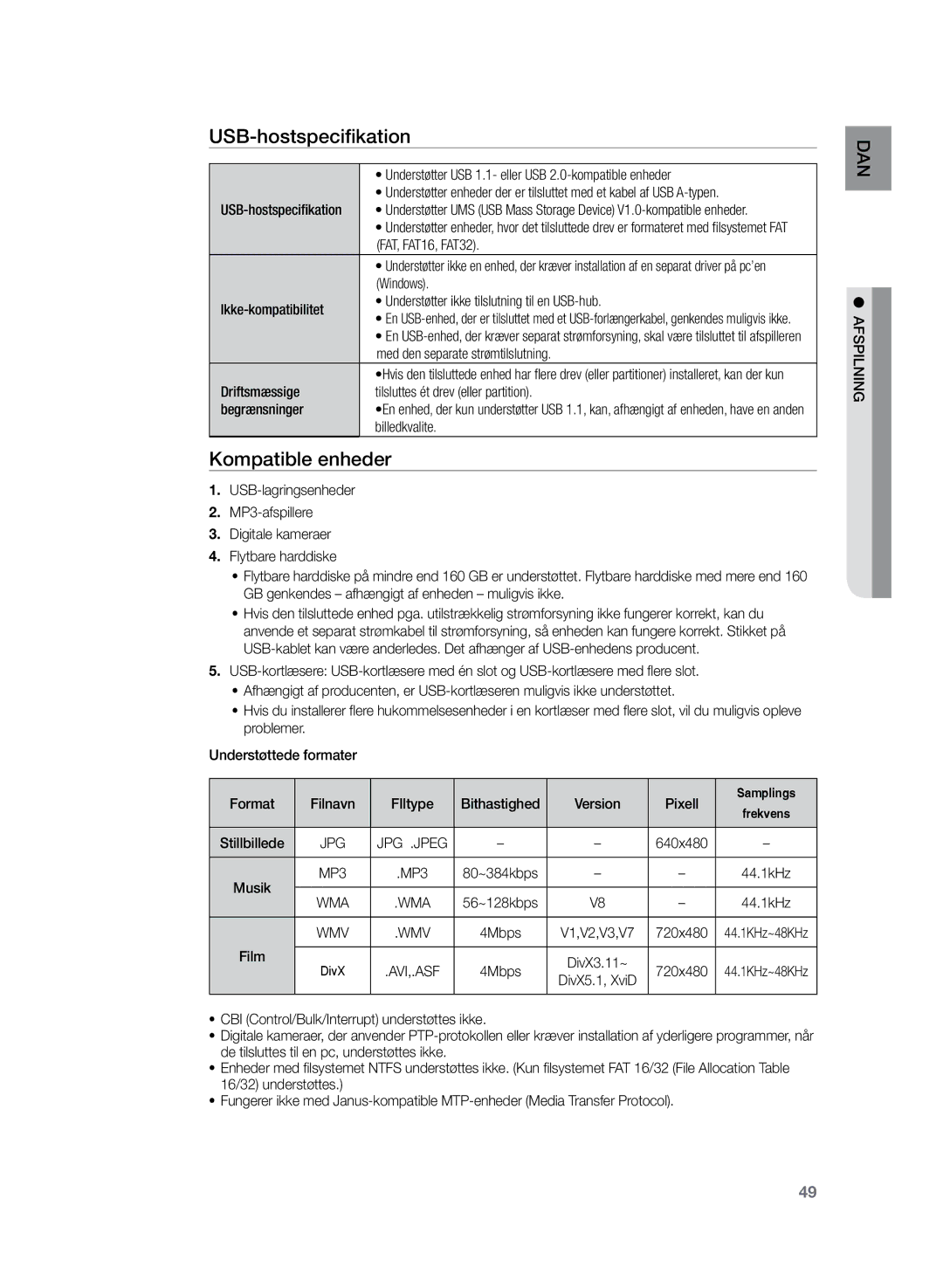 Samsung HT-Z320R/XEE manual USB-hostspecifikation, Kompatible enheder, Med den separate strømtilslutning, Billedkvalite 