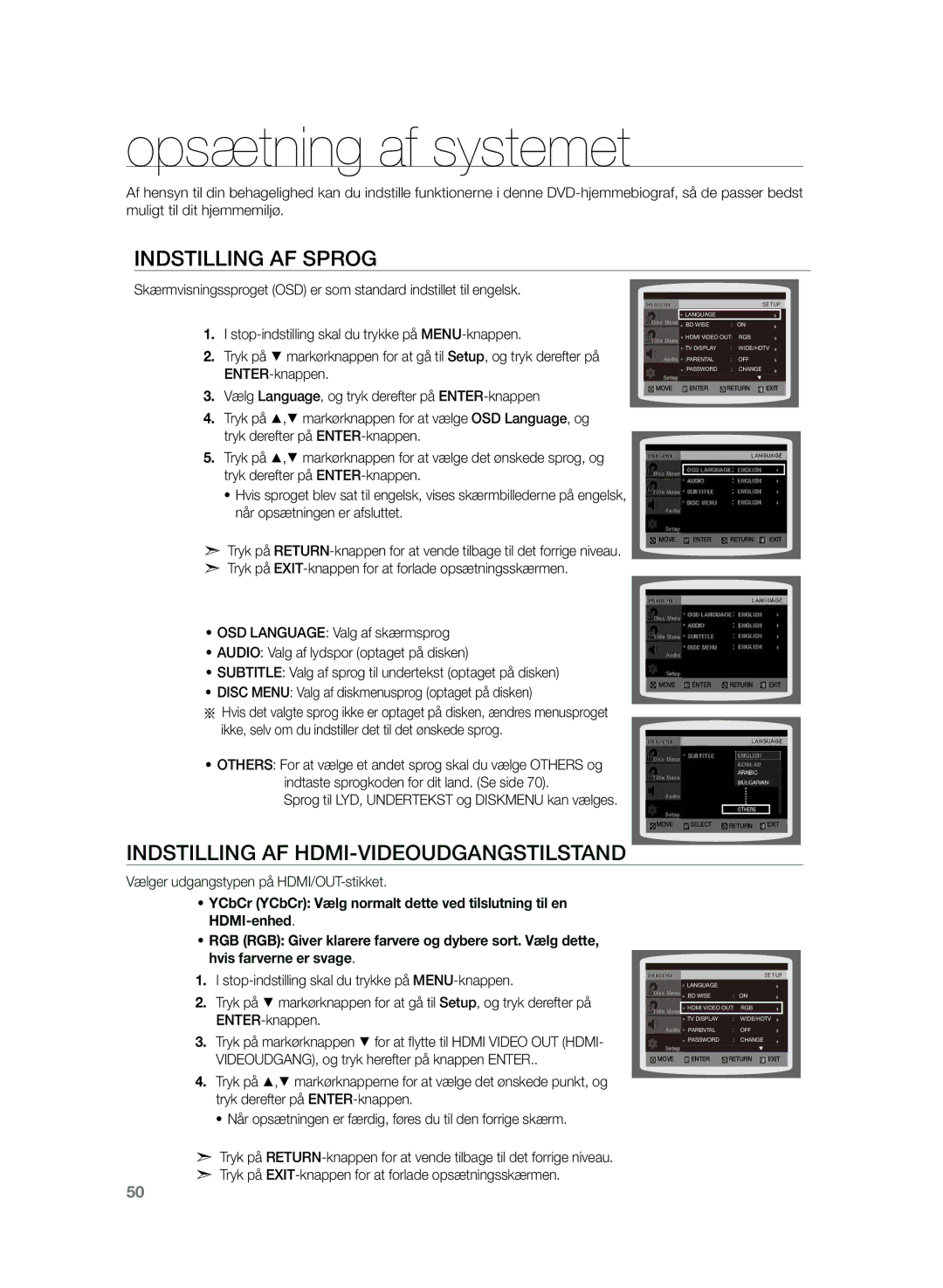 Samsung HT-TZ325R/XEE, HT-Z320R/XEE manual Opsætning af systemet, Indstilling af sprog 