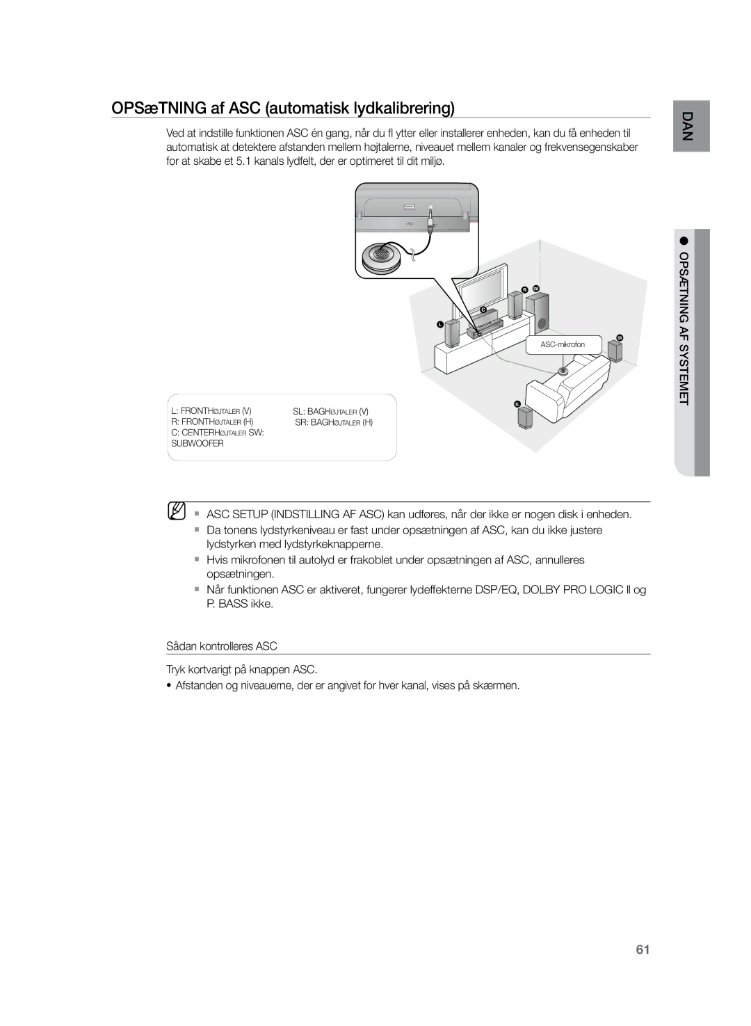 Samsung HT-Z320R/XEE, HT-TZ325R/XEE manual OPSæTNING af ASC automatisk lydkalibrering 