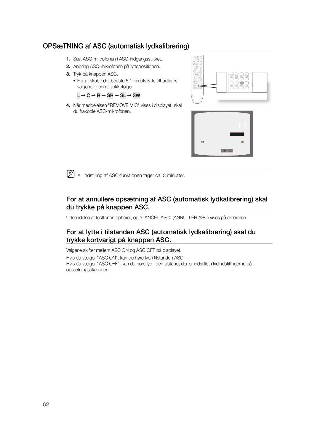 Samsung HT-TZ325R/XEE, HT-Z320R/XEE manual OPSæTNING af ASC automatisk lydkalibrering 