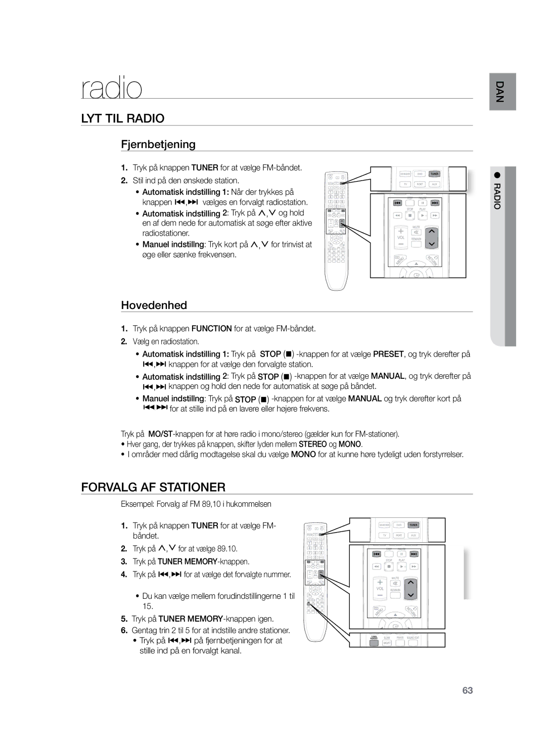 Samsung HT-Z320R/XEE, HT-TZ325R/XEE manual Radio, Lyt til radio, Forvalg af stationer, Fjernbetjening, Hovedenhed 