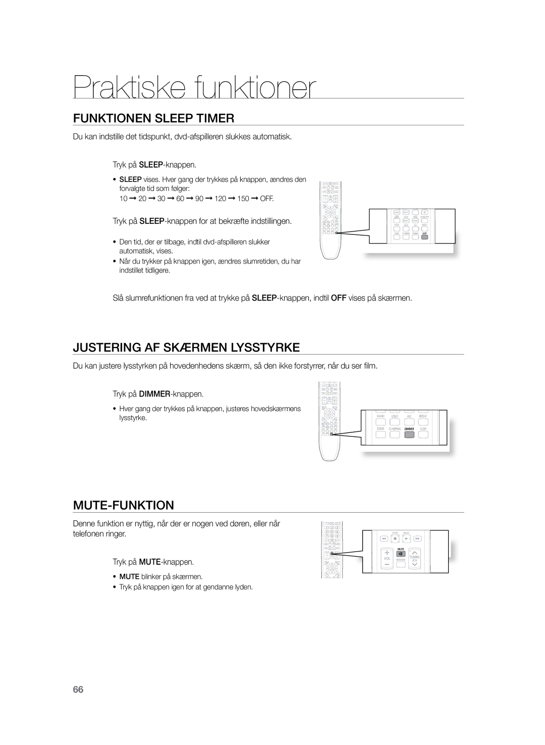 Samsung HT-TZ325R/XEE manual Praktiske funktioner, Funktionen Sleep Timer, Justering af skærmen lysstyrke, Mute-funktion 