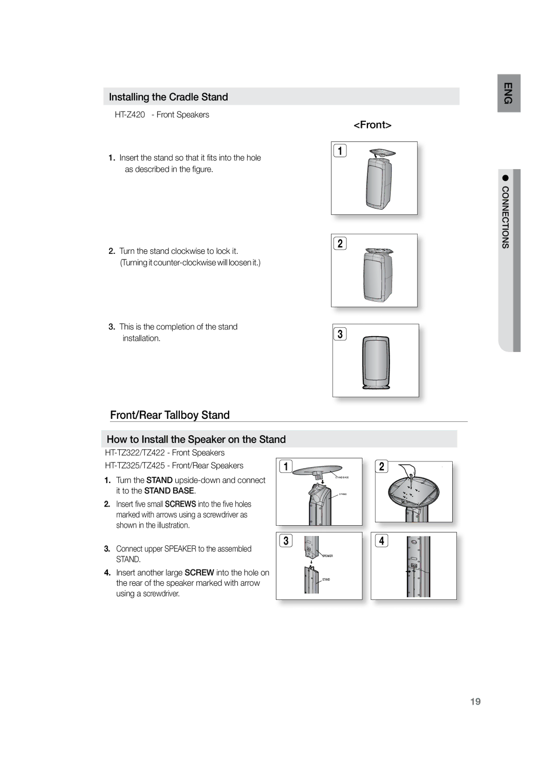 Samsung HT-TZ325T/ADL manual Front/Rear Tallboy Stand, Installing the Cradle Stand, How to Install the Speaker on the Stand 