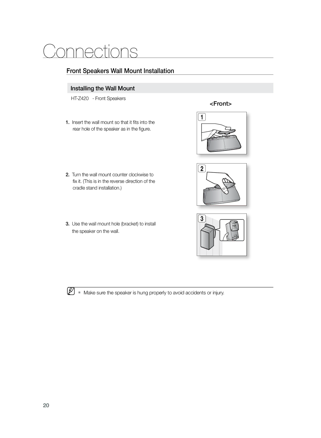 Samsung HT-TZ425R/EDC manual Front Speakers Wall Mount Installation, Installing the Wall Mount, HT-Z420 Front Speakers 