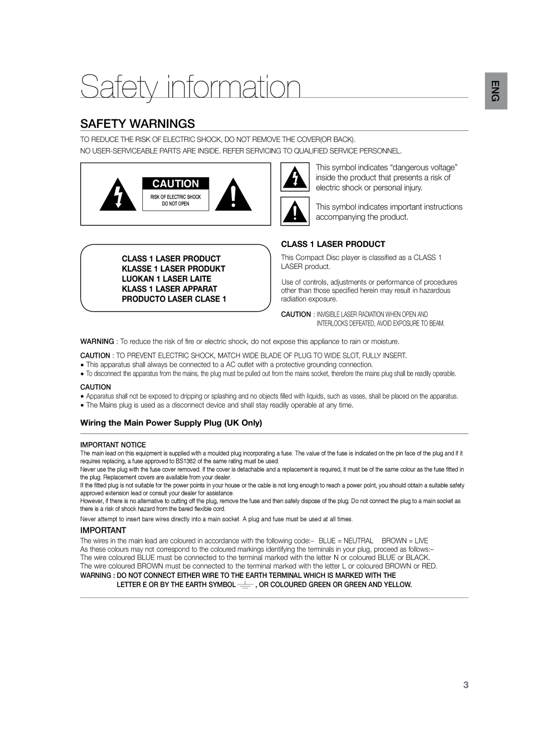 Samsung HT-TZ325R/EDC, HT-TZ425T/ADL, HT-TZ325T/ADL, HT-TZ425R/EDC, HT-Z320R/EDC manual Safety information, Safety Warnings 