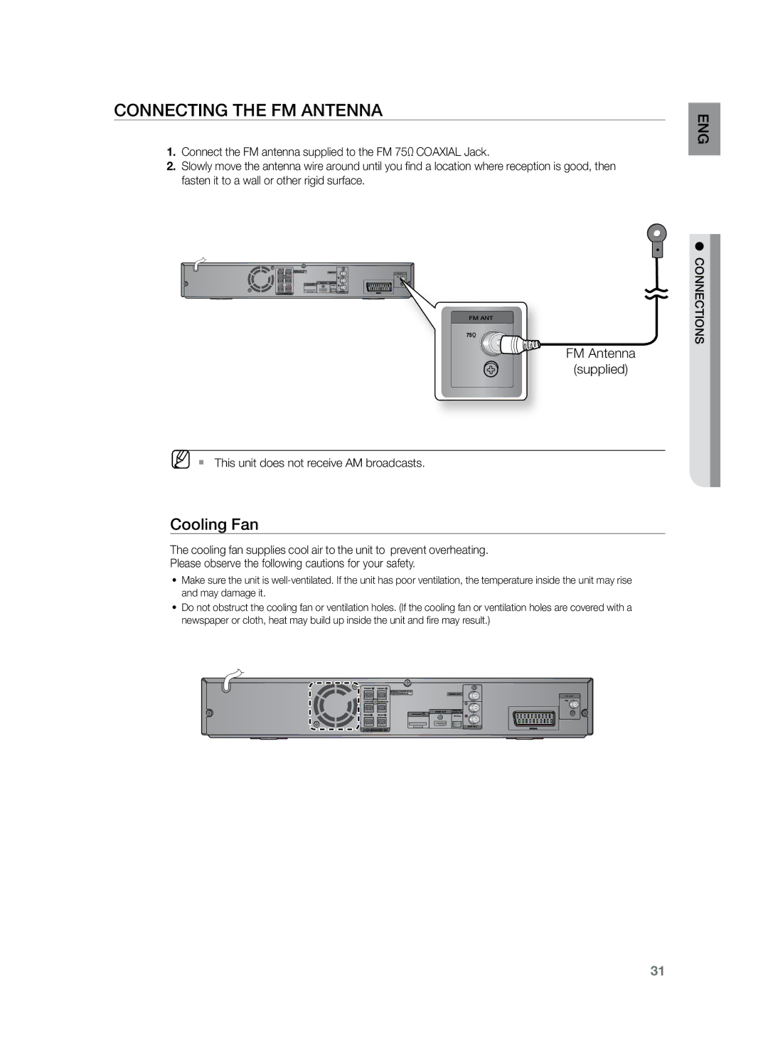 Samsung HT-Z320R/EDC, HT-TZ425T/ADL, HT-TZ325T/ADL, HT-Z320R/XEF Connecting the FM Antenna, Cooling Fan, FM Antenna Supplied 