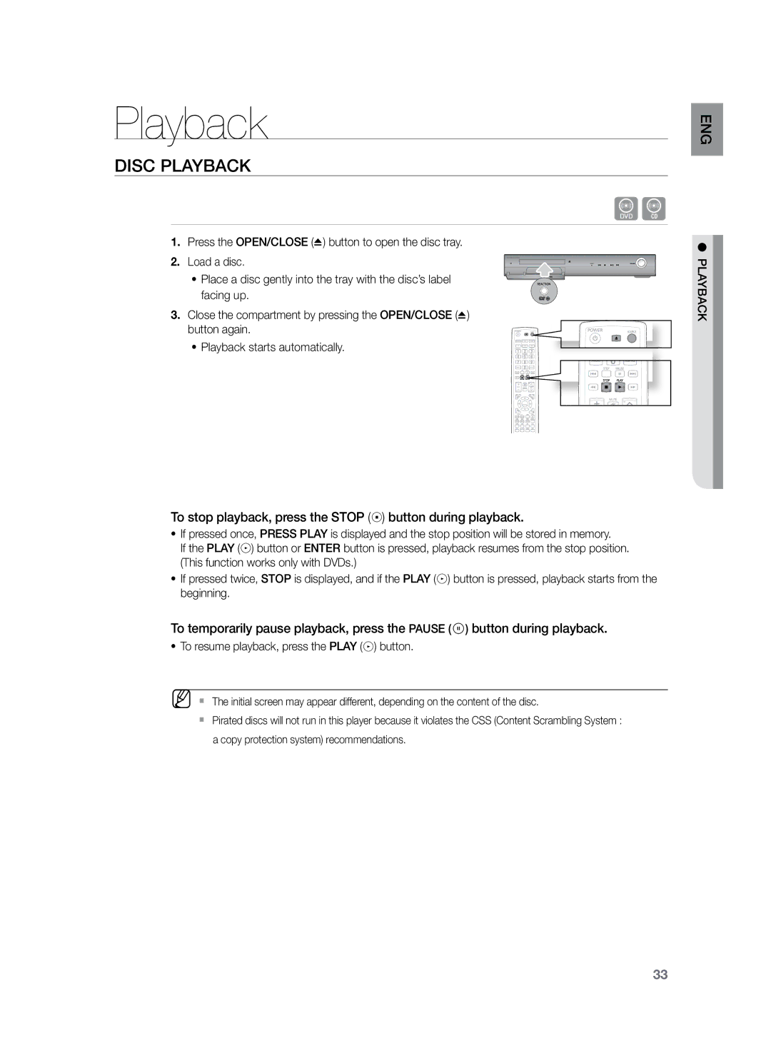 Samsung HT-TZ325R/XEF, HT-TZ425T/ADL manual Disc Playback, To stop playback, press the Stop button during playback 