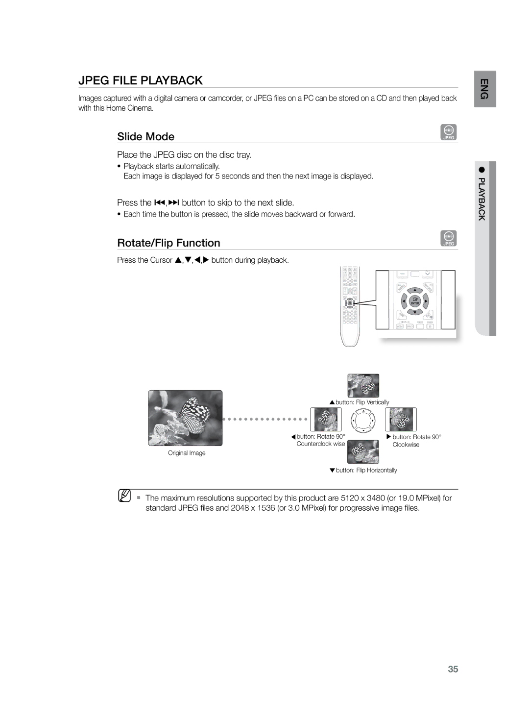 Samsung HT-TZ325R/XEE manual Jpeg File Playback, Slide Mode, Rotate/Flip Function, Place the Jpeg disc on the disc tray 