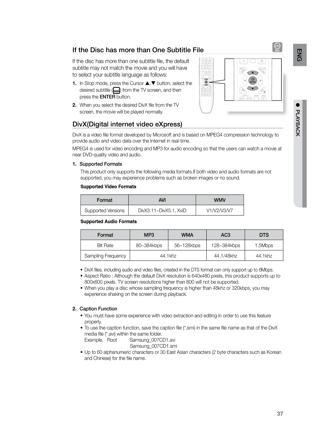 Samsung HT-TZ325T/ADL If the Disc has more than One Subtitle File, DivXDigital internet video eXpress, Avi Wmv, MP3 WMA 