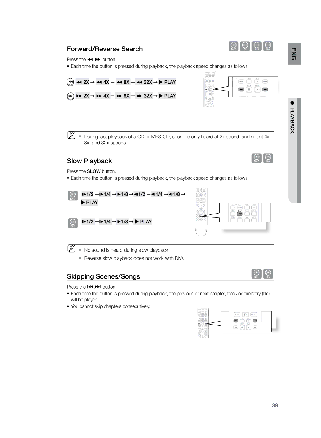 Samsung HT-TZ325R/EDC, HT-TZ425T/ADL, HT-TZ325T/ADL, HT-TZ425R/EDC, HT-Z320R/EDC manual Slow Playback, Skipping Scenes/Songs 