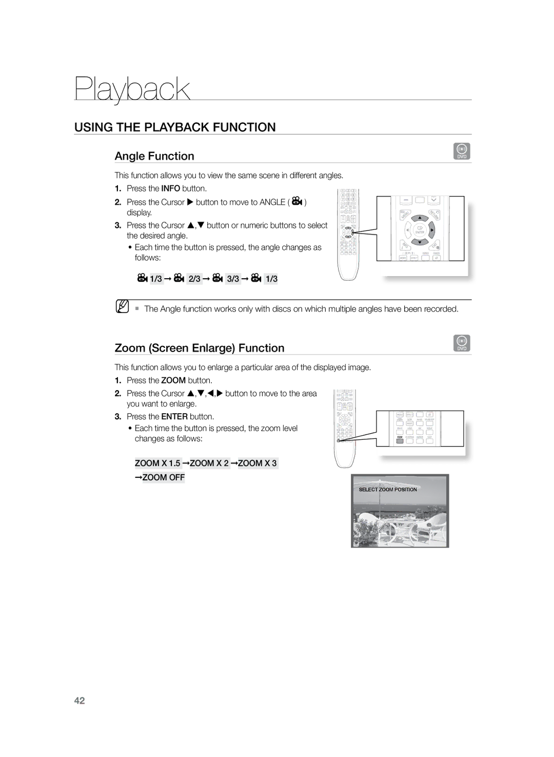 Samsung HT-TZ325R/XEF, HT-TZ425T/ADL Angle Function, Zoom Screen Enlarge Function, Zoom X 1.5 Zoom X 2 Zoom X 3 Zoom OFF 