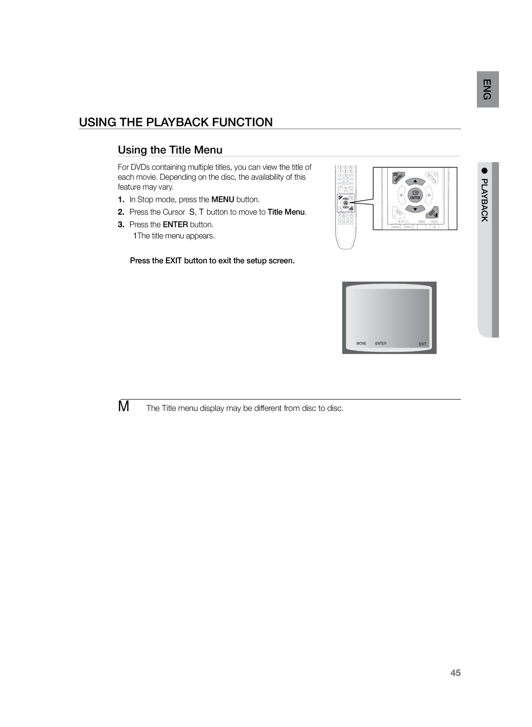 Samsung HT-TZ425T/ADL, HT-TZ325T/ADL, HT-TZ425R/EDC, HT-TZ325R/EDC, HT-Z320R/EDC, HT-Z320R/XEF manual Using the Title Menu 