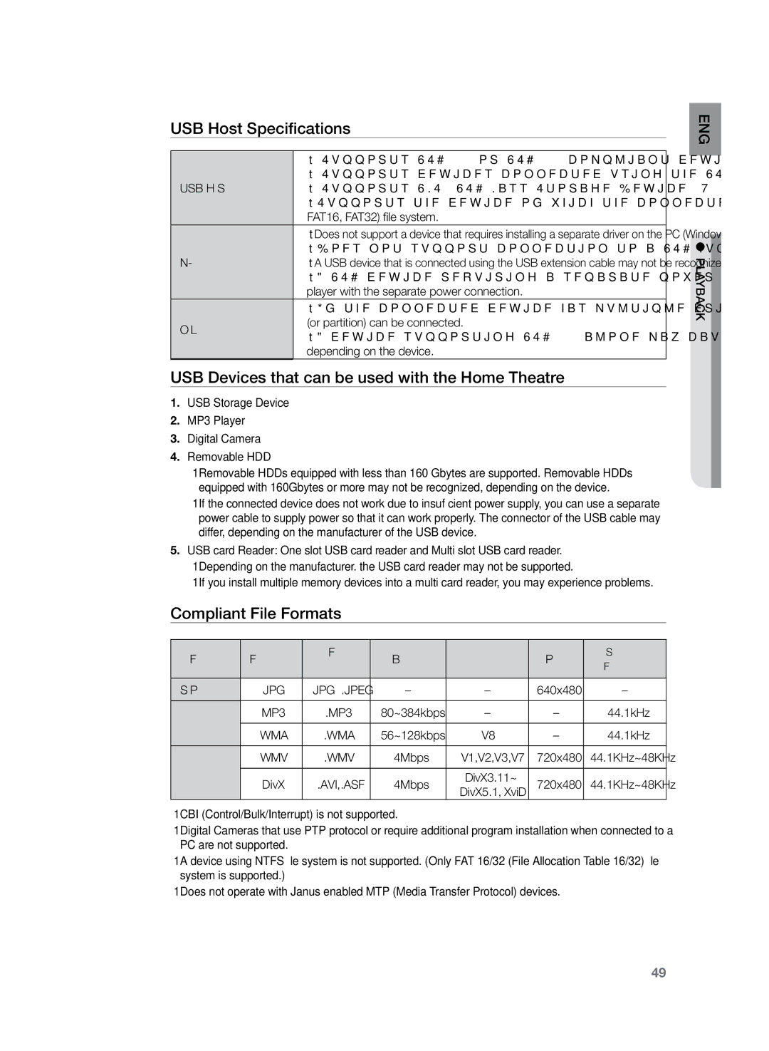 Samsung HT-Z320R/EDC USB Host Specifications, USB Devices that can be used with the Home Theatre, Compliant File Formats 