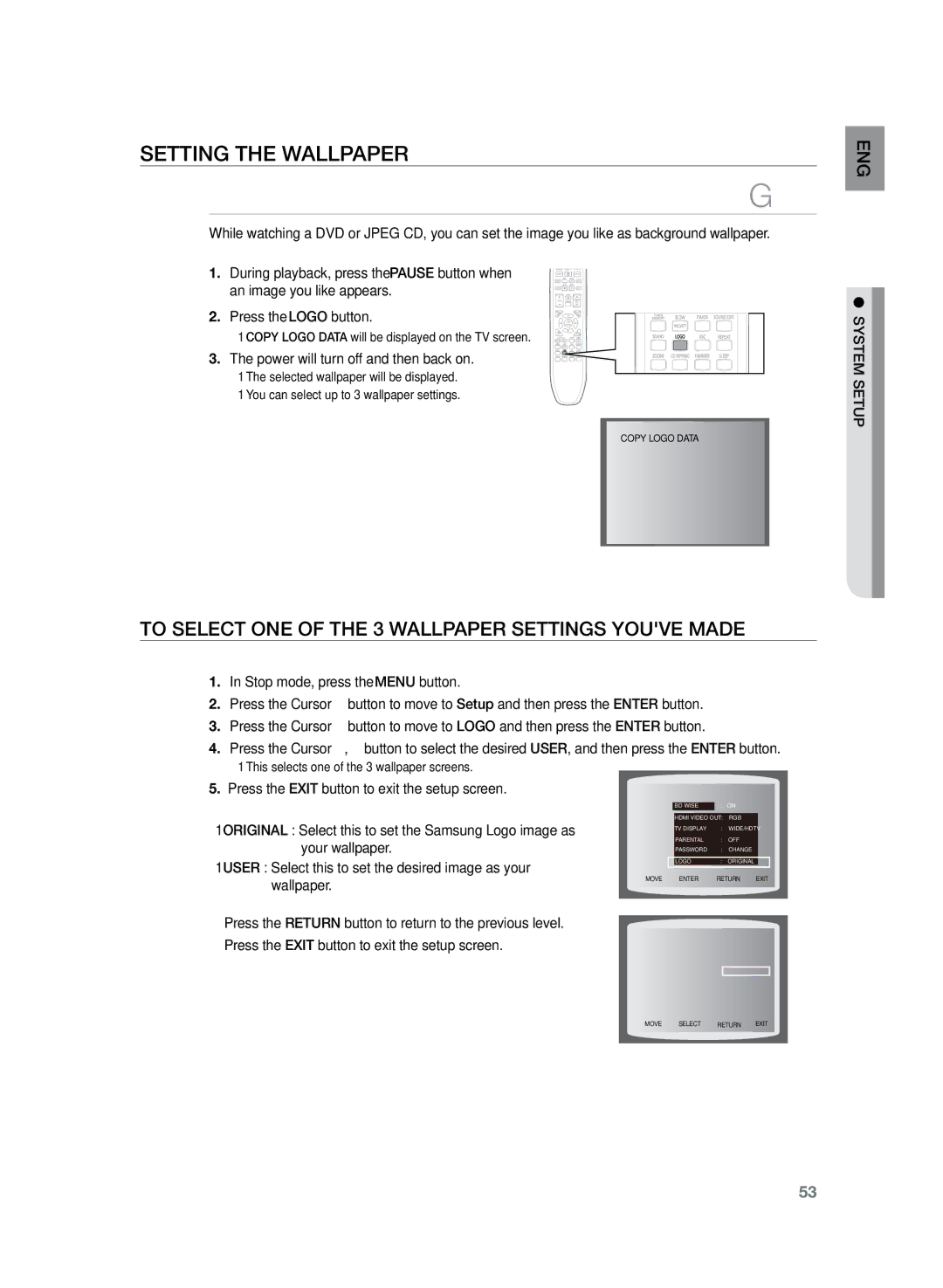 Samsung HT-TZ325R/XEE manual Setting the Wallpaper, To Select One of the 3 Wallpaper Settings youve made, ENG setup system 