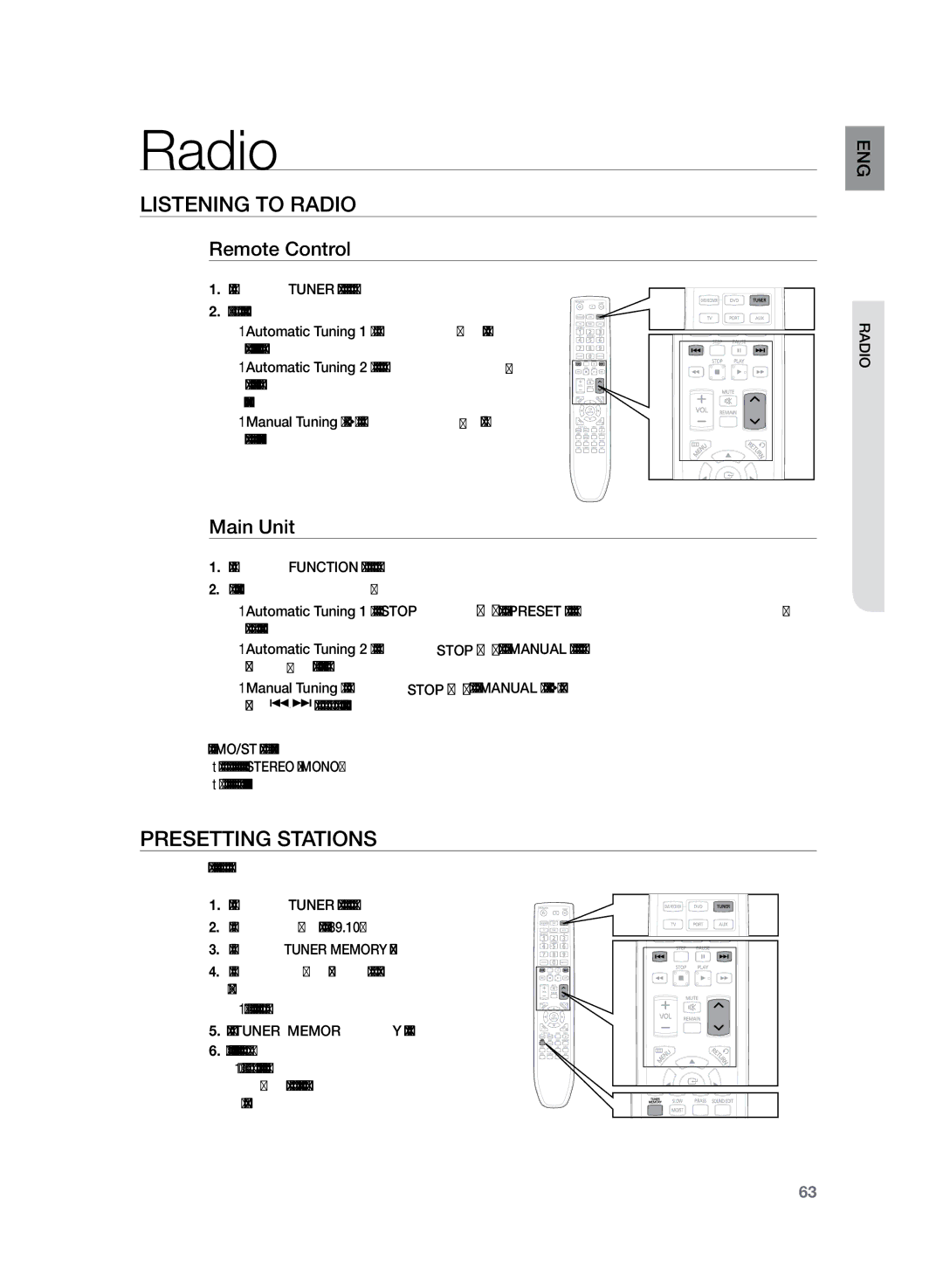 Samsung HT-TZ425T/ADL, HT-TZ325T/ADL, HT-TZ425R/EDC Listening to Radio, Presetting Stations, Remote Control, Main Unit 