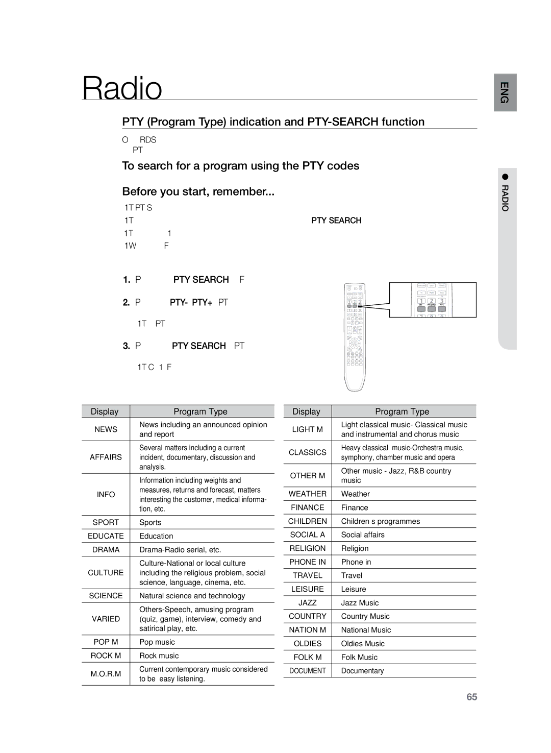 Samsung HT-TZ425R/EDC, HT-TZ425T/ADL, HT-TZ325T/ADL, HT-TZ325R/EDC manual PTY Program Type indication and PTY-SEARCH function 