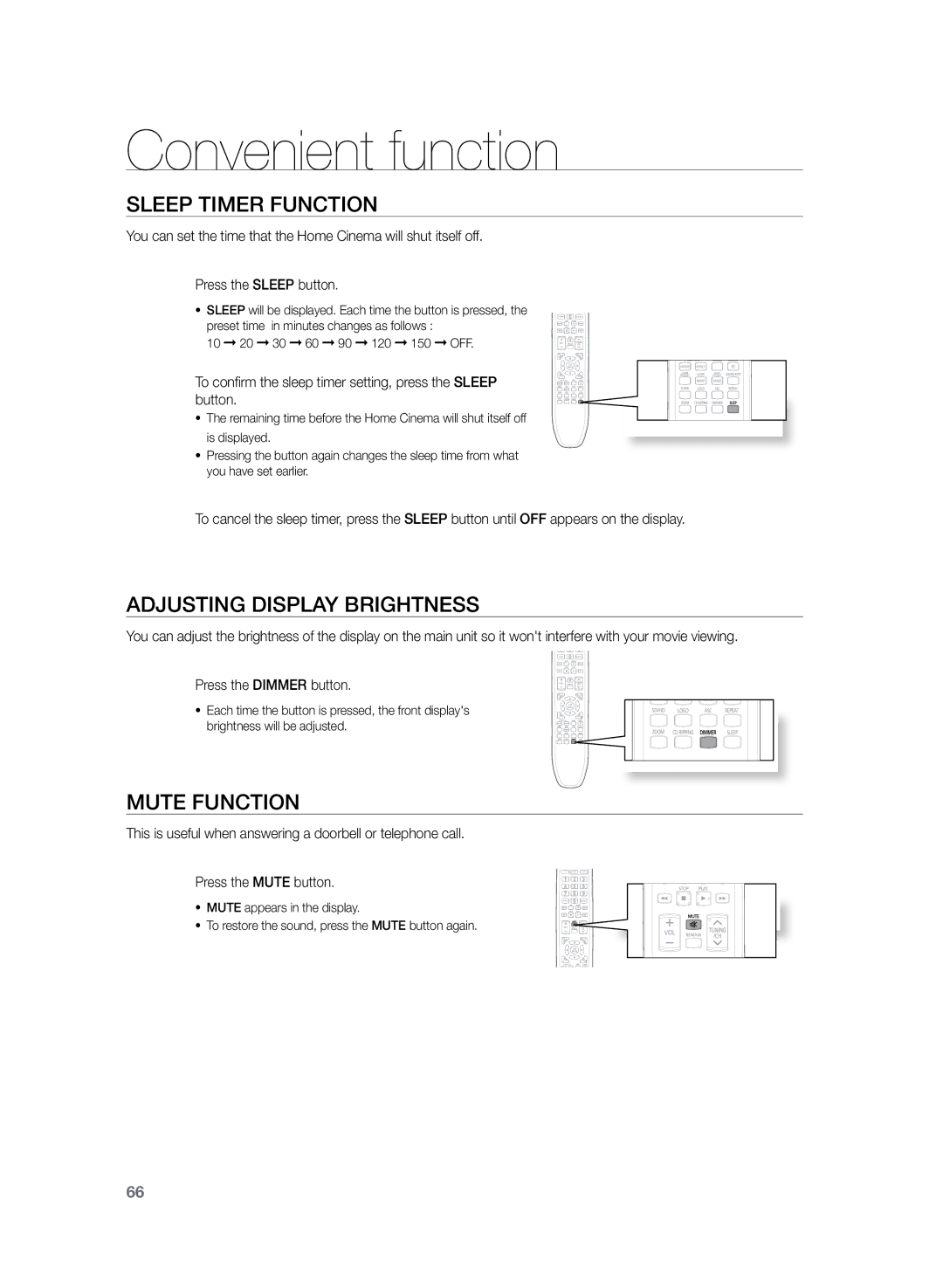 Samsung HT-TZ325R/EDC, HT-Z320R/EDC Convenient function, Sleep Timer Function, Adjusting Display Brightness, Mute Function 