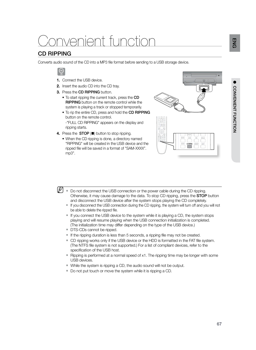 Samsung HT-Z320R/EDC, HT-TZ425T/ADL, HT-TZ325T/ADL, HT-TZ425R/EDC, HT-TZ325R/EDC manual CD rIPPING, ENG function convenient 