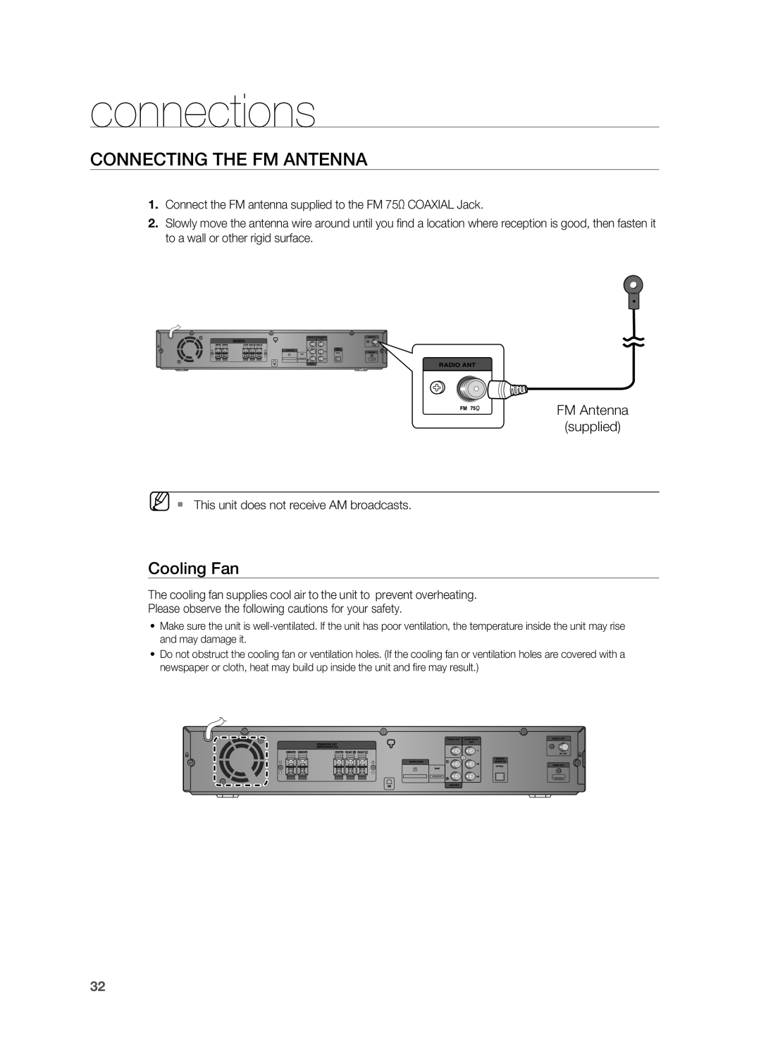 Samsung HT-TZ515 Connecting the FM Antenna, Cooling Fan, FM Antenna Supplied, ` This unit does not receive AM broadcasts 