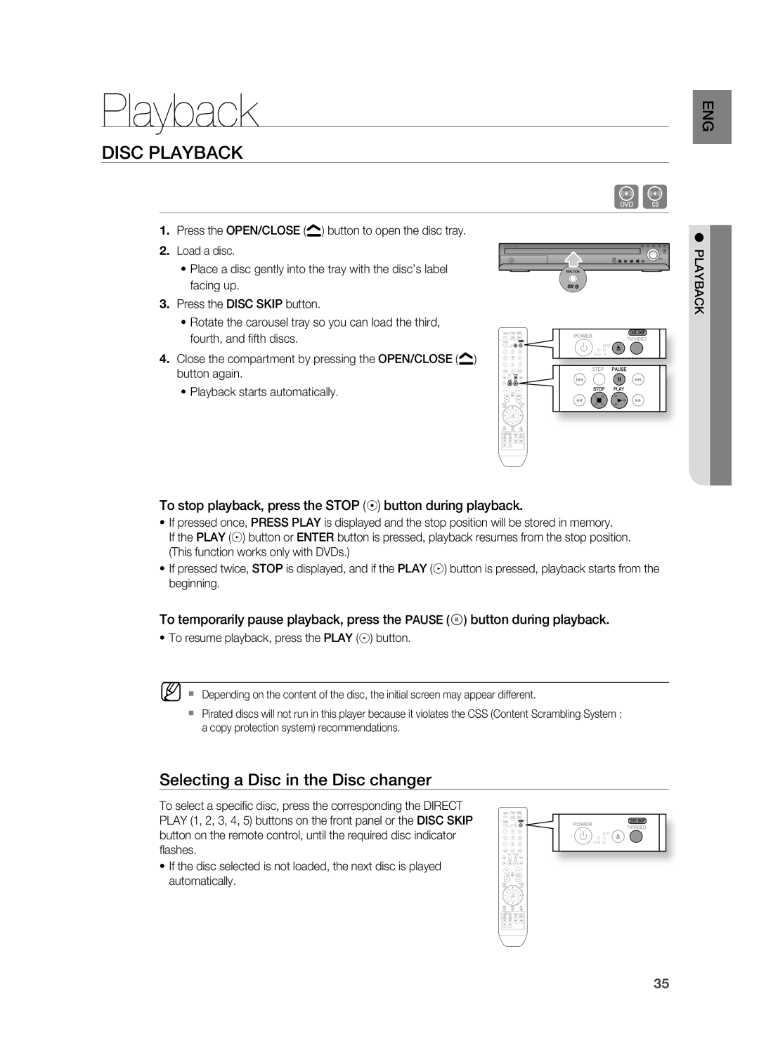 Samsung HT-TZ515 user manual Disc Playback, Selecting a Disc in the Disc changer 