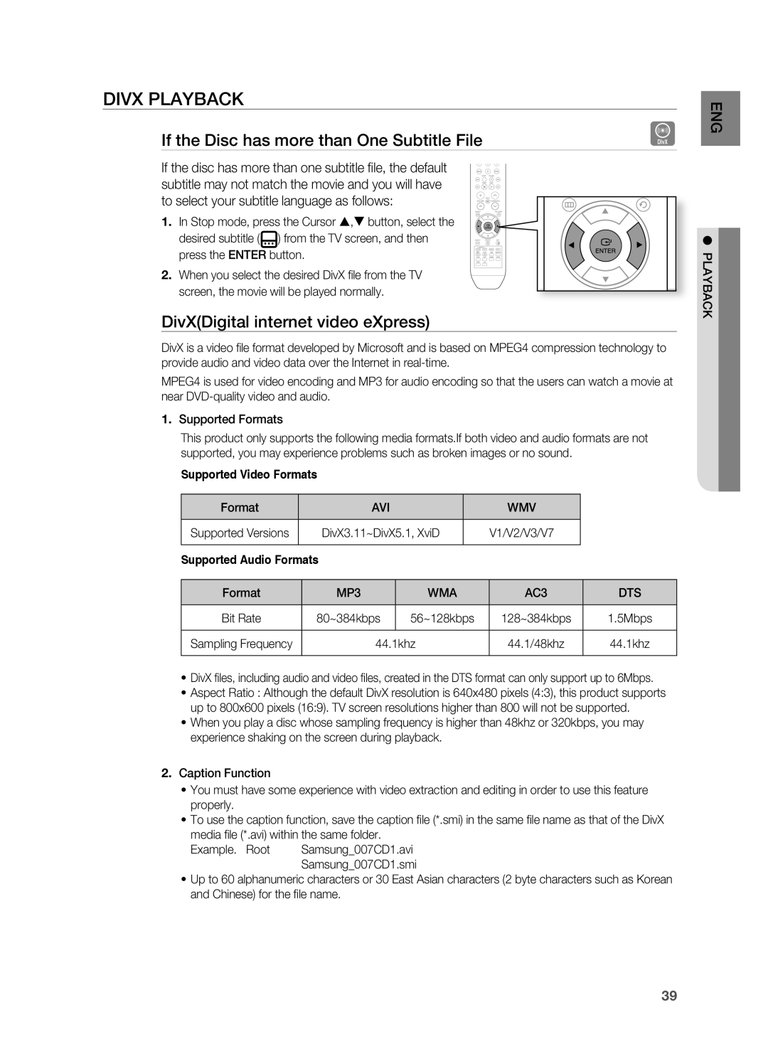 Samsung HT-TZ515 If the Disc has more than One Subtitle File, DivXDigital internet video eXpress, Avi Wmv, MP3 WMA, Dts 