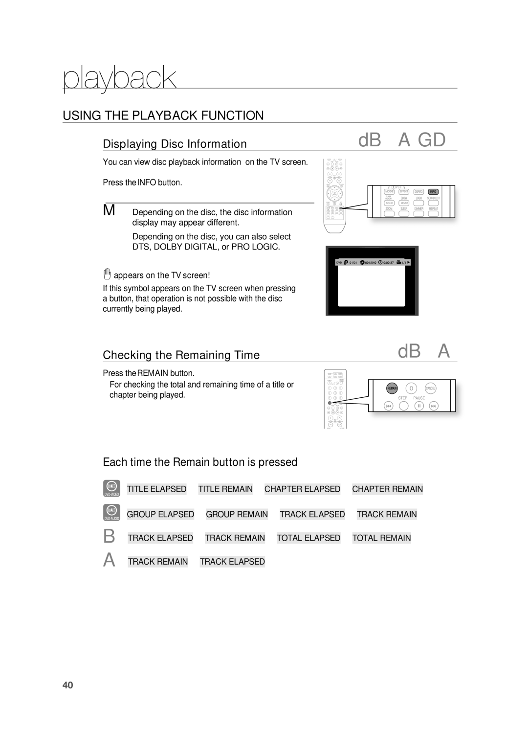 Samsung HT-TZ515 user manual USINg the Playback Function, Displaying Disc Information, Checking the remaining Time 