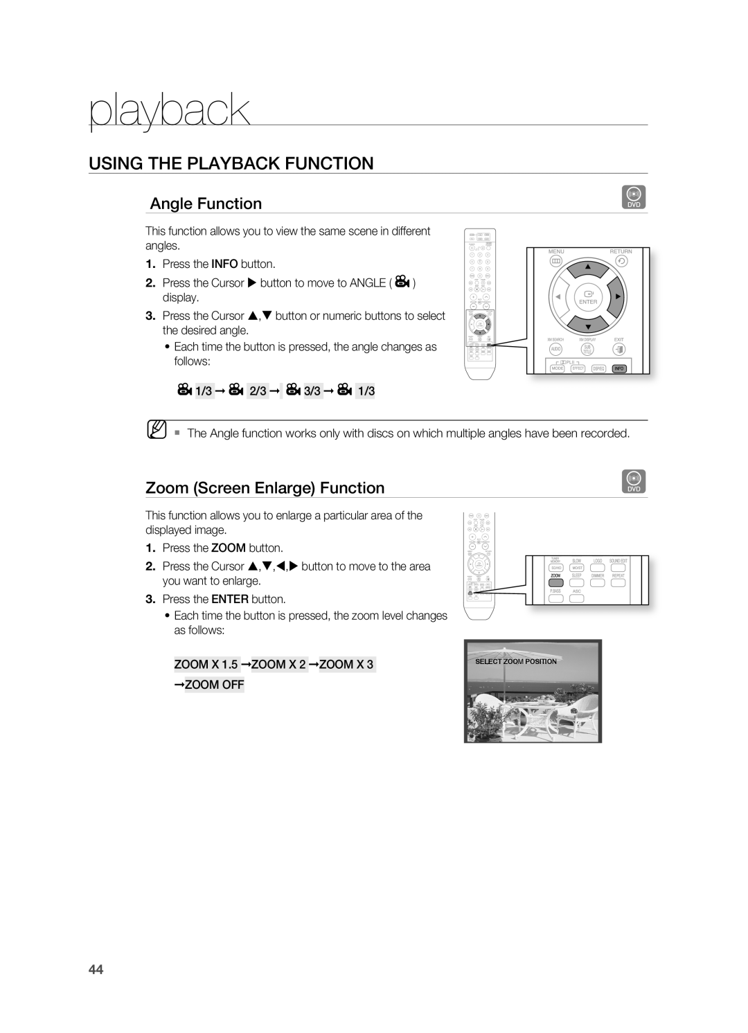 Samsung HT-TZ515 user manual Angle Function, Zoom Screen Enlarge Function, Zoom X 