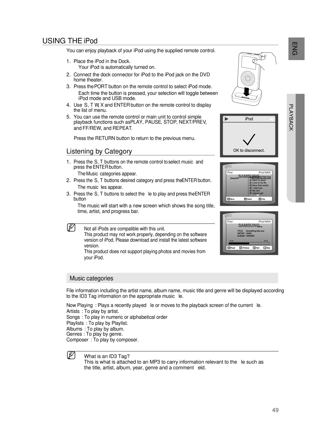 Samsung HT-TZ515 user manual USINg the iPod, Listening by Category, Music categories 