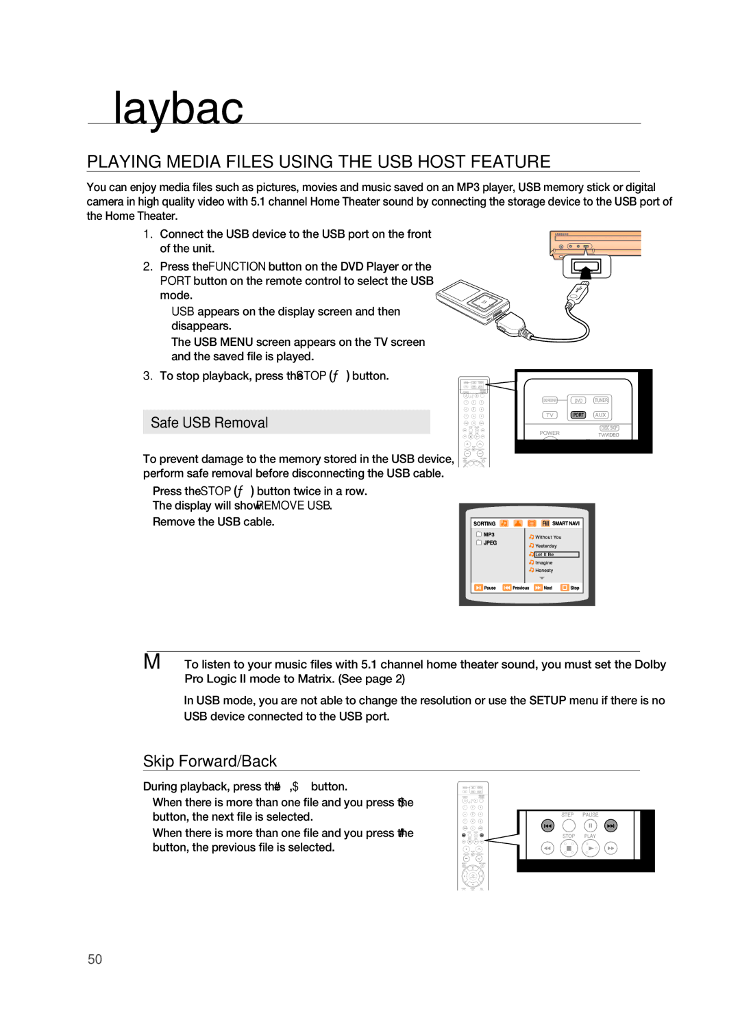 Samsung HT-TZ515 user manual PLAYINg Media Files USINg the USB Host FEATUrE, Safe USB removal 