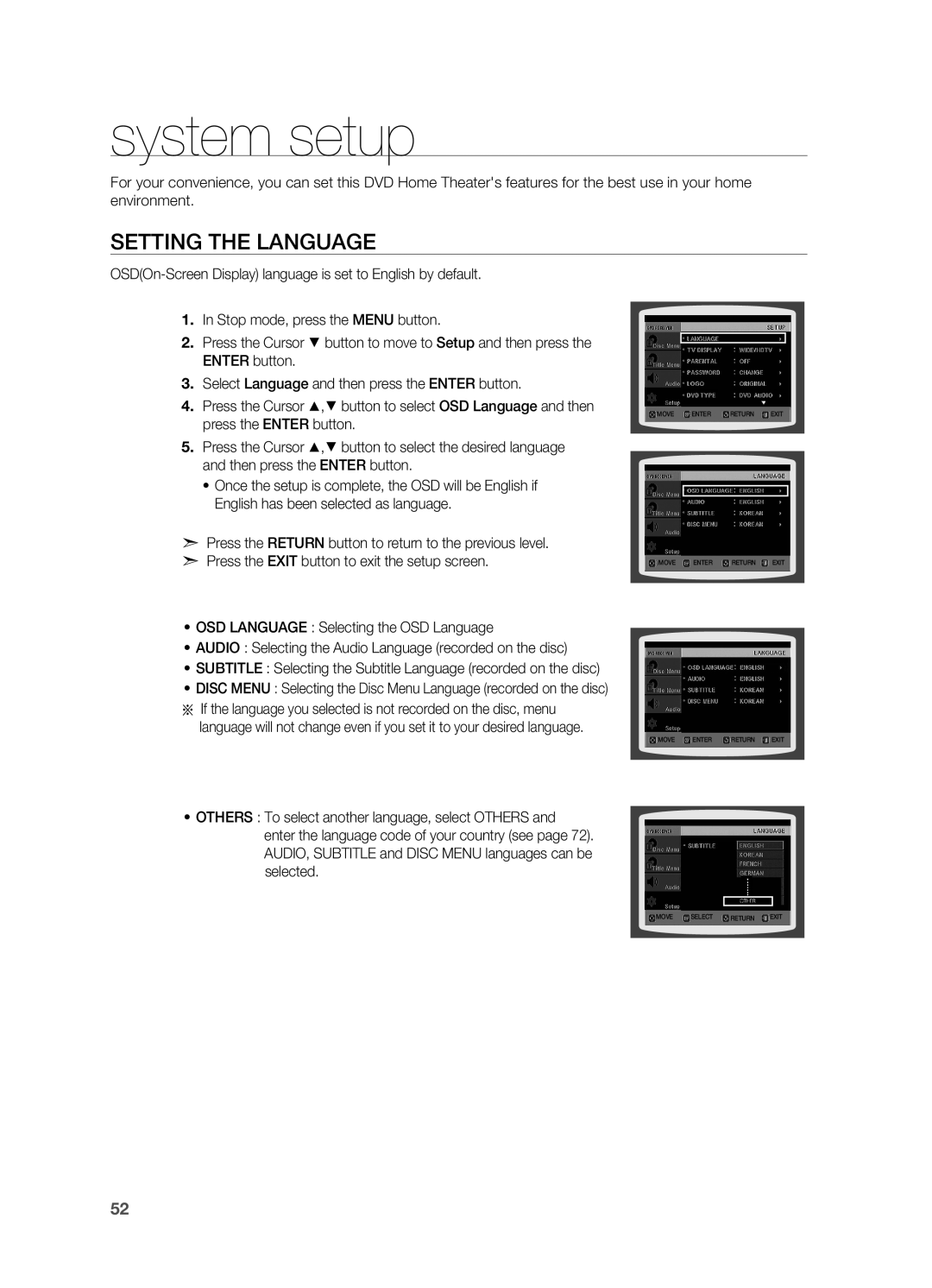 Samsung HT-TZ515 user manual System setup, Setting the Language 