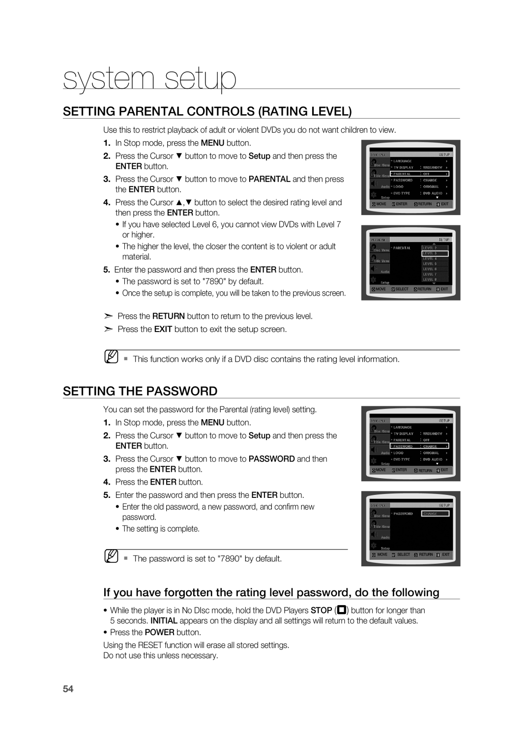 Samsung HT-TZ515 user manual Setting Parental Controls Rating Level, Setting the Password 