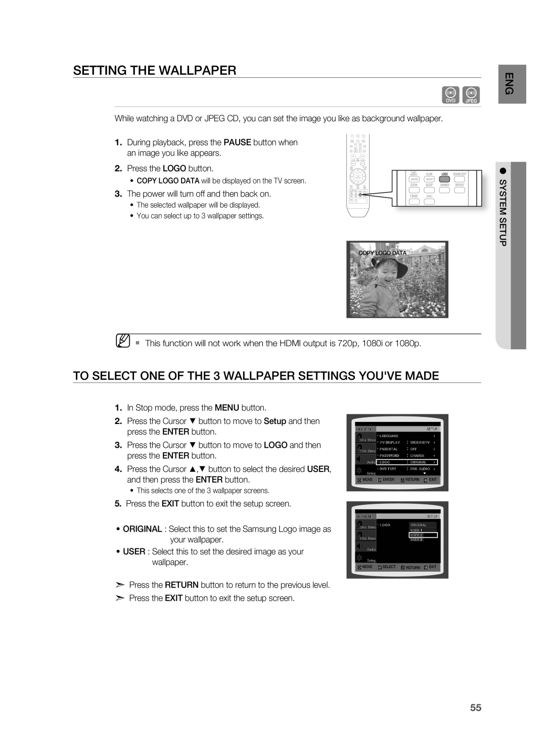 Samsung HT-TZ515 user manual SETTINg the WALLPAPEr, To Select ONE of the 3 WALLPAPEr SETTINgS Youve Made, System Setup 