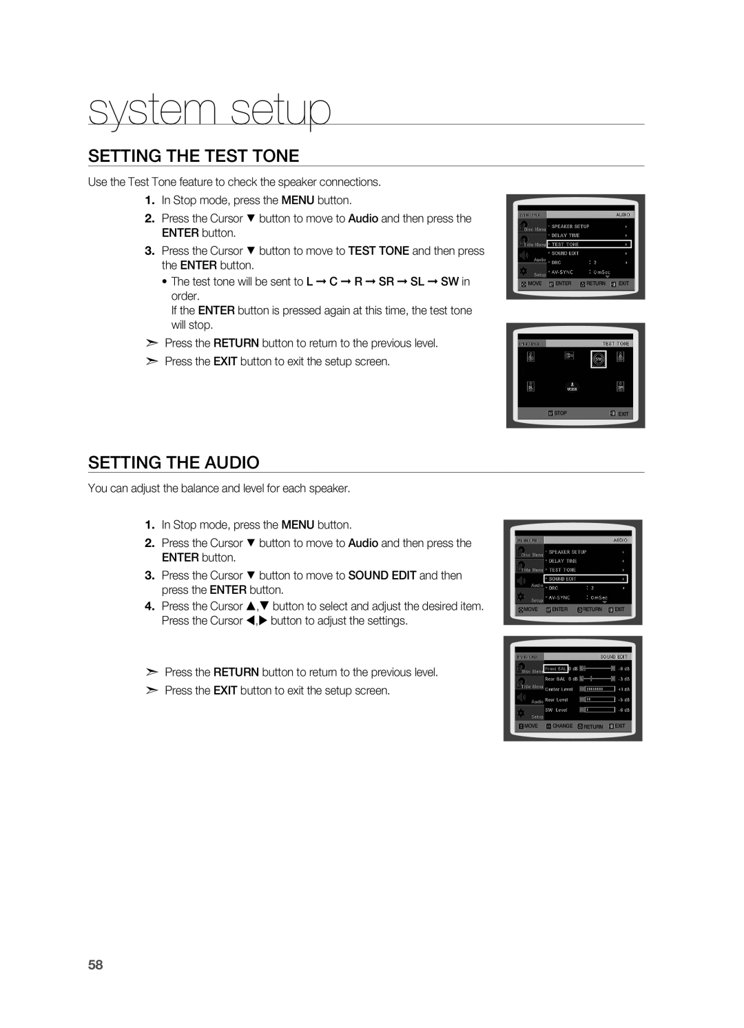 Samsung HT-TZ515 user manual Setting the Test Tone, Setting the Audio 