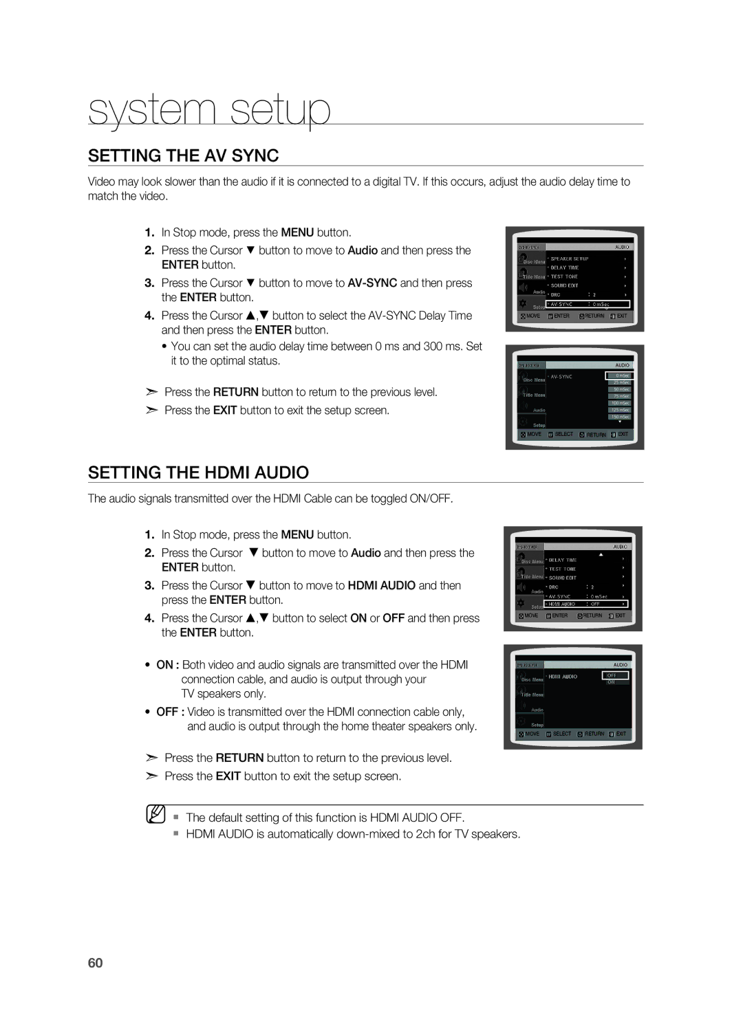 Samsung HT-TZ515 user manual Setting the AV Sync, Setting the Hdmi Audio 