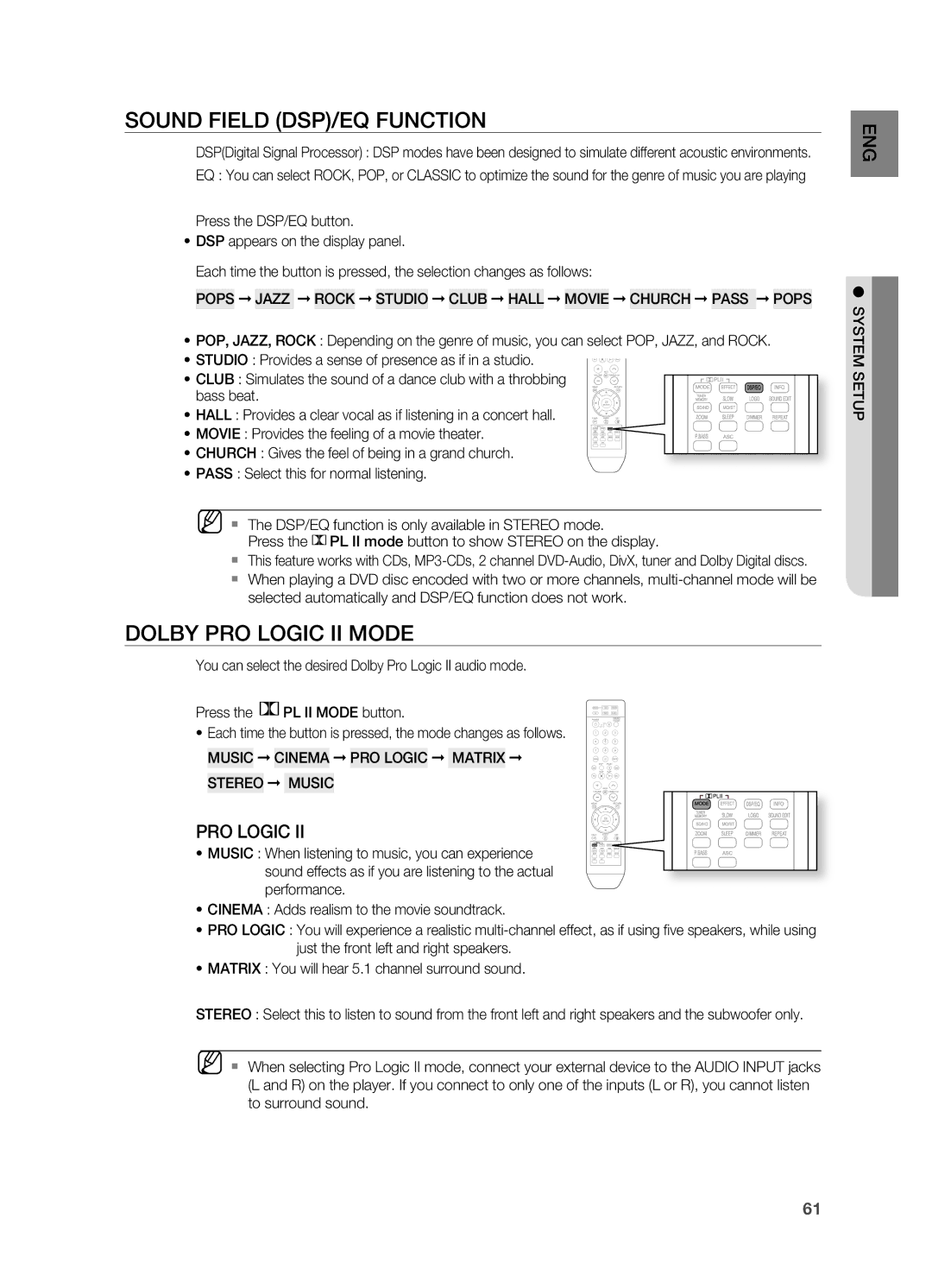 Samsung HT-TZ515 user manual Sound Field DSP/EQ Function, Dolby PrO LOgIC II Mode 