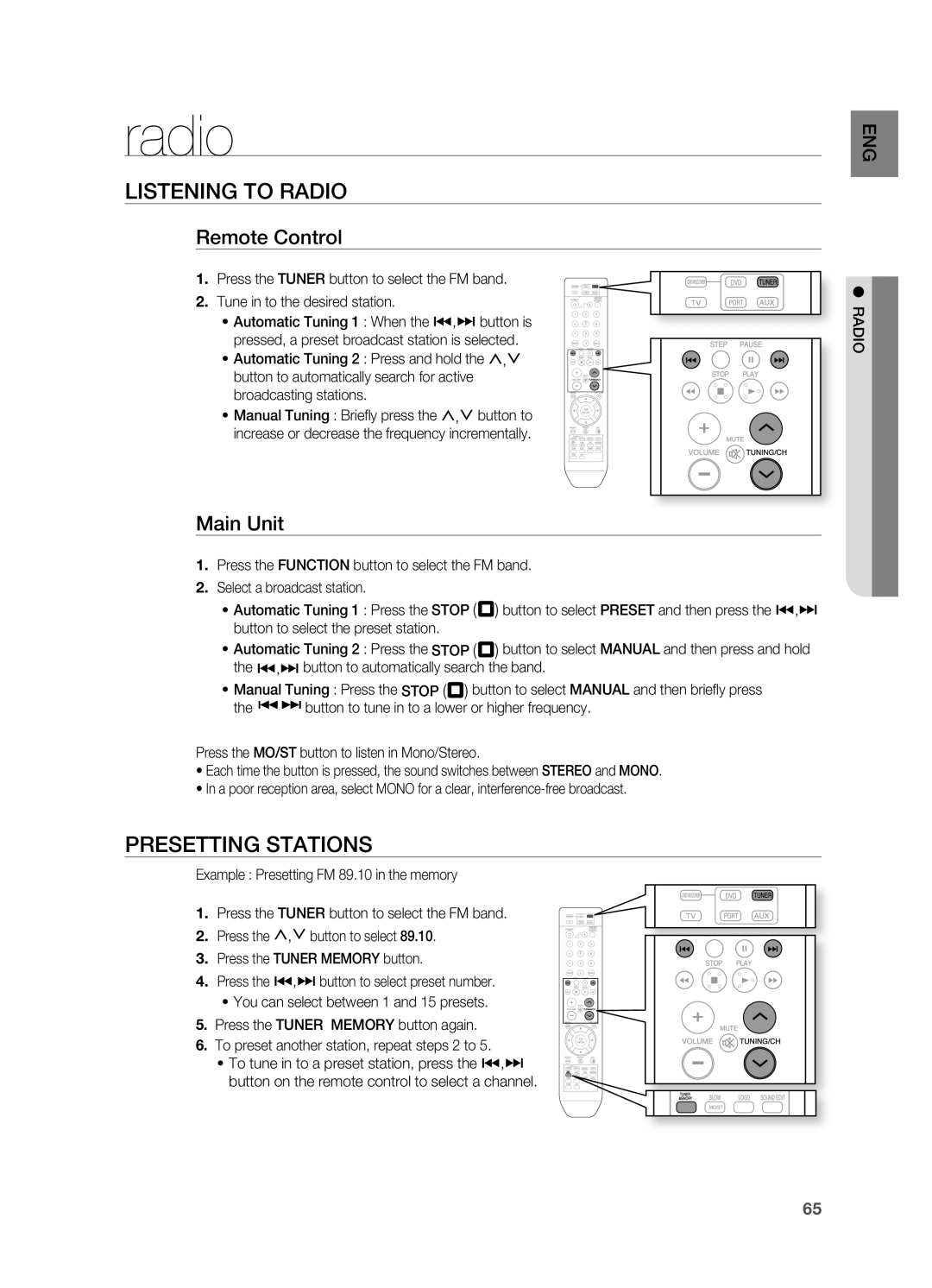 Samsung HT-TZ515 user manual Radio, LISTENINg to rADIO, PrESETTINg Stations, Remote Control, Main Unit 