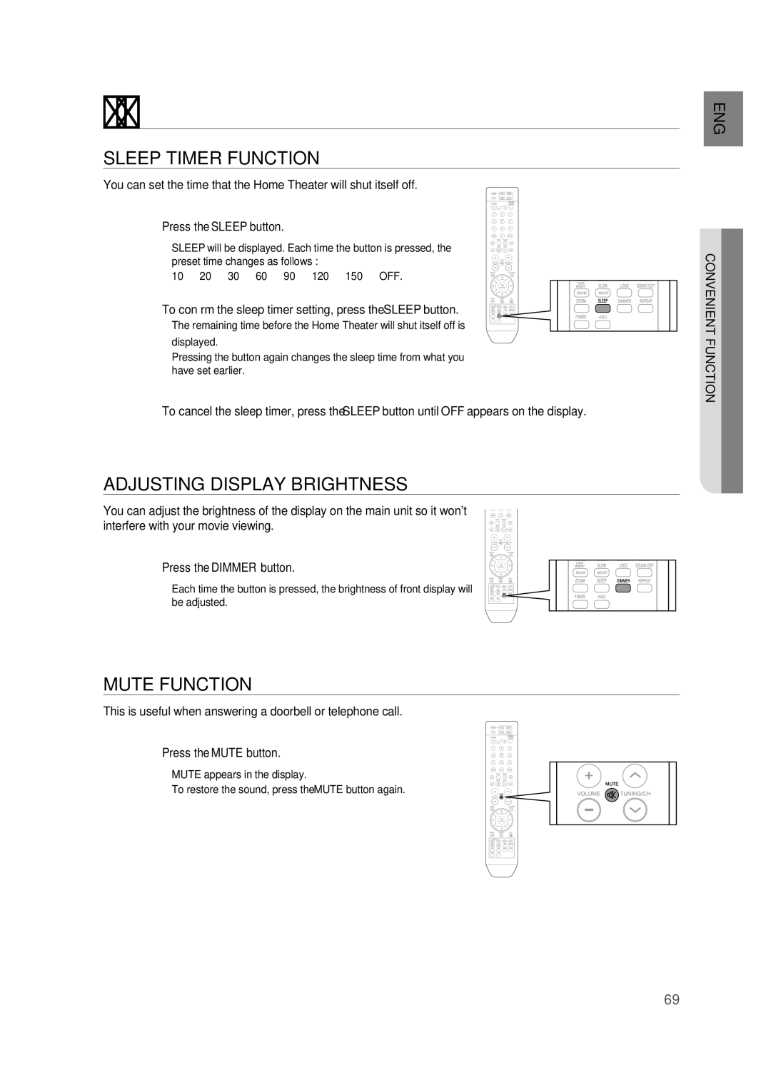 Samsung HT-TZ515 user manual Convenient function, Sleep TIMEr Function, ADJUSTINg Display BrIgHTNESS, Mute Function 