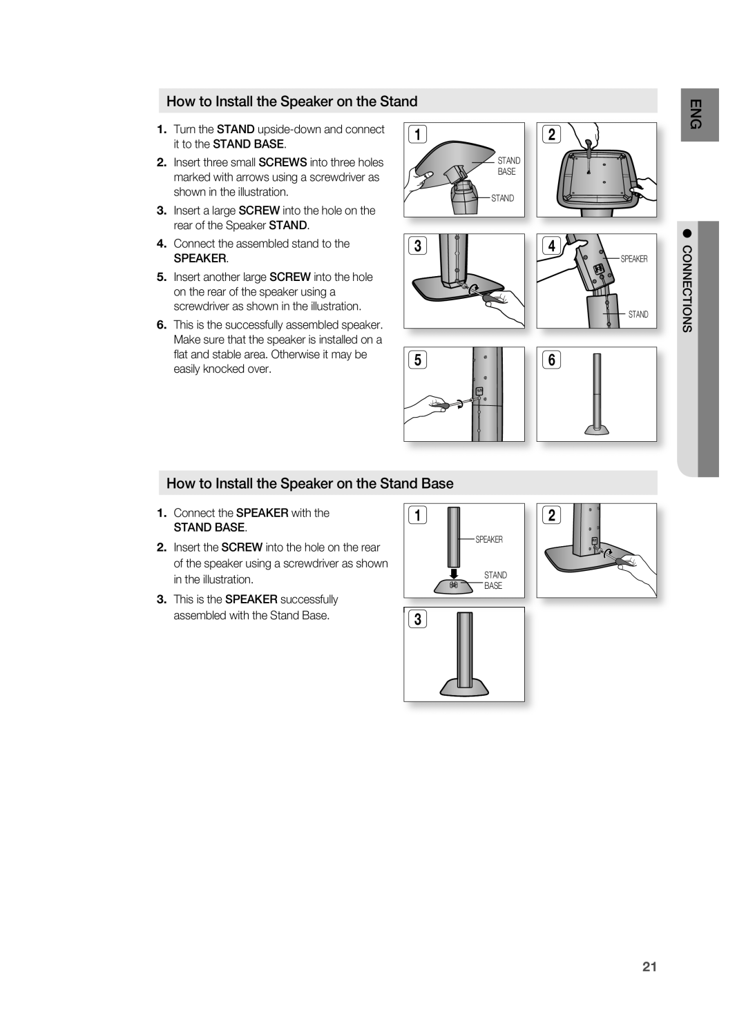Samsung HT-TZ515 user manual How to Install the Speaker on the Stand Base 