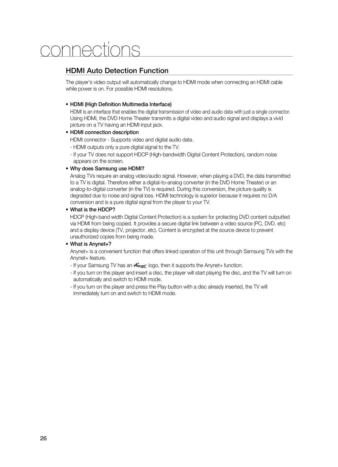 Samsung HT-TZ515 user manual connections, HDMI Auto Detection Function 