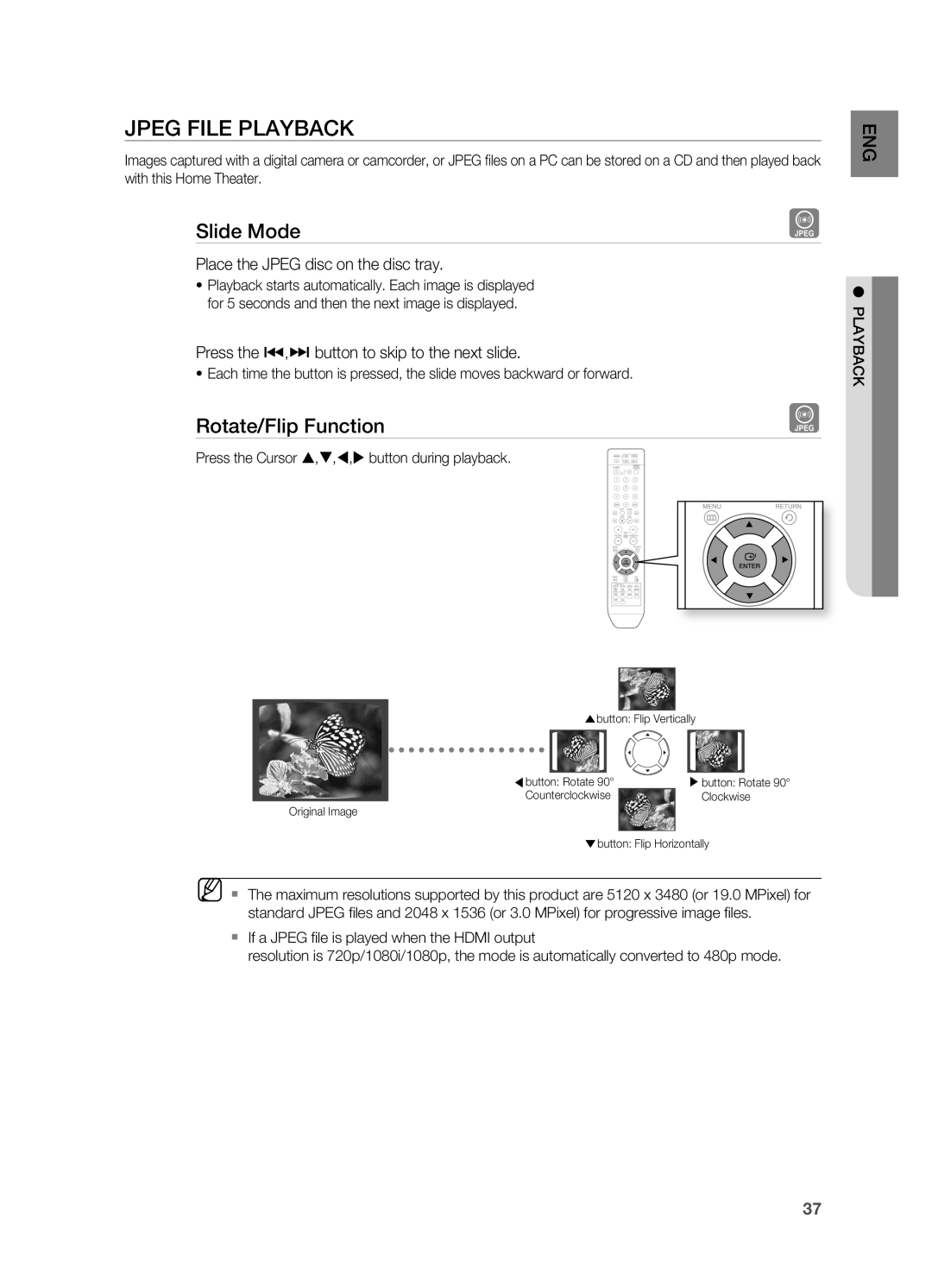 Samsung HT-TZ515 user manual JPEg FILE PLAYBACK, Slide Mode, rotate/Flip Function 