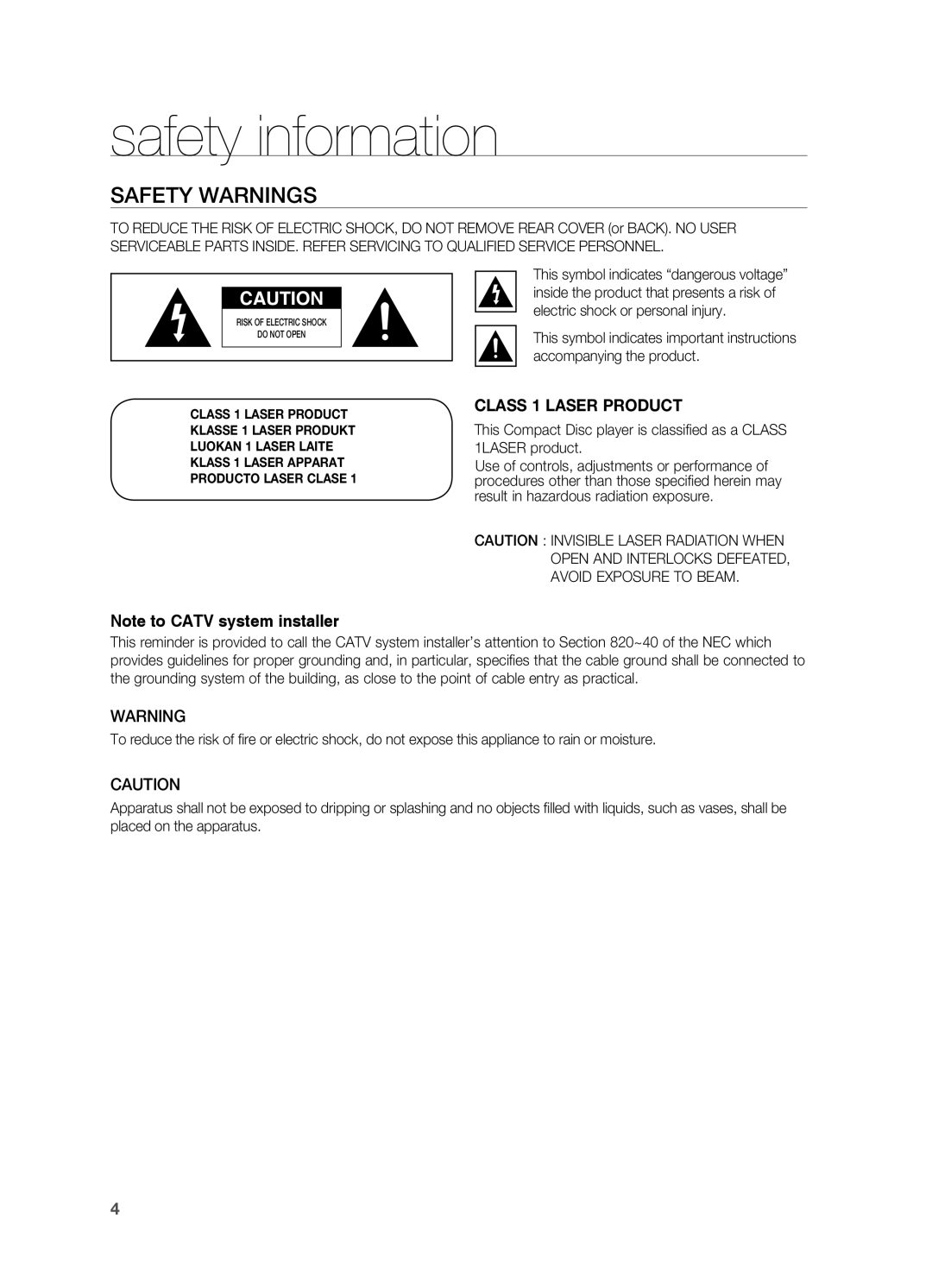 Samsung HT-TZ515 user manual safety information, Safety Warnings, Note to CATV system installer, CLASS 1 LASER PRODUCT 