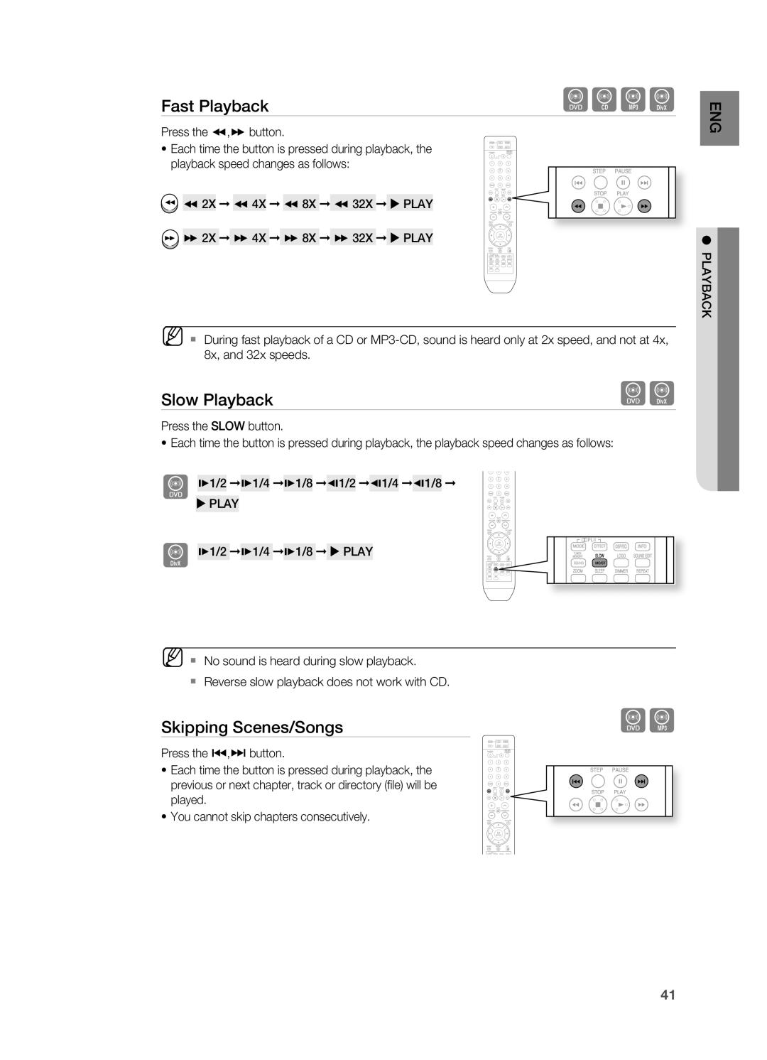 Samsung HT-TZ515 user manual dBAD, Fast Playback, Slow Playback, Skipping Scenes/Songs 