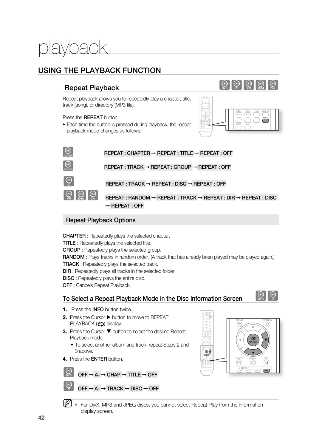 Samsung HT-TZ515 user manual B Agd, playback, dBAGD, USINg THE PLAYBACK FUNCTION, repeat Playback Options 