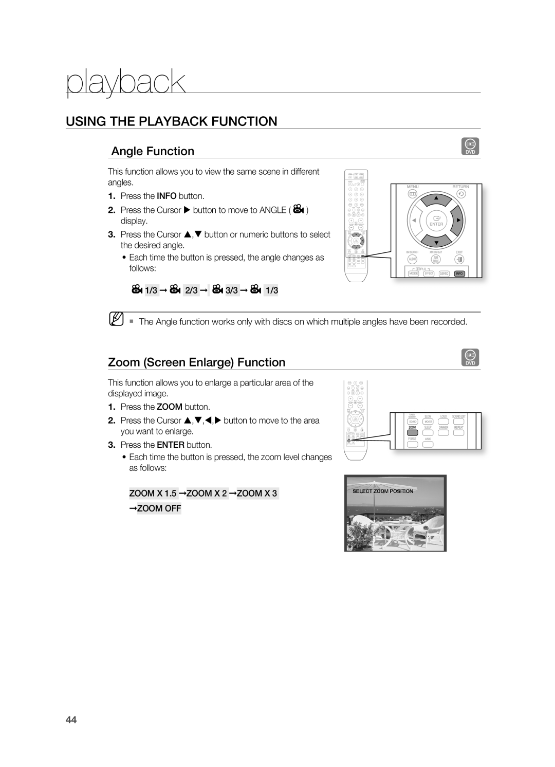 Samsung HT-TZ515 user manual playback, USINg THE PLAYBACK FUNCTION, Angle Function, Zoom Screen Enlarge Function 