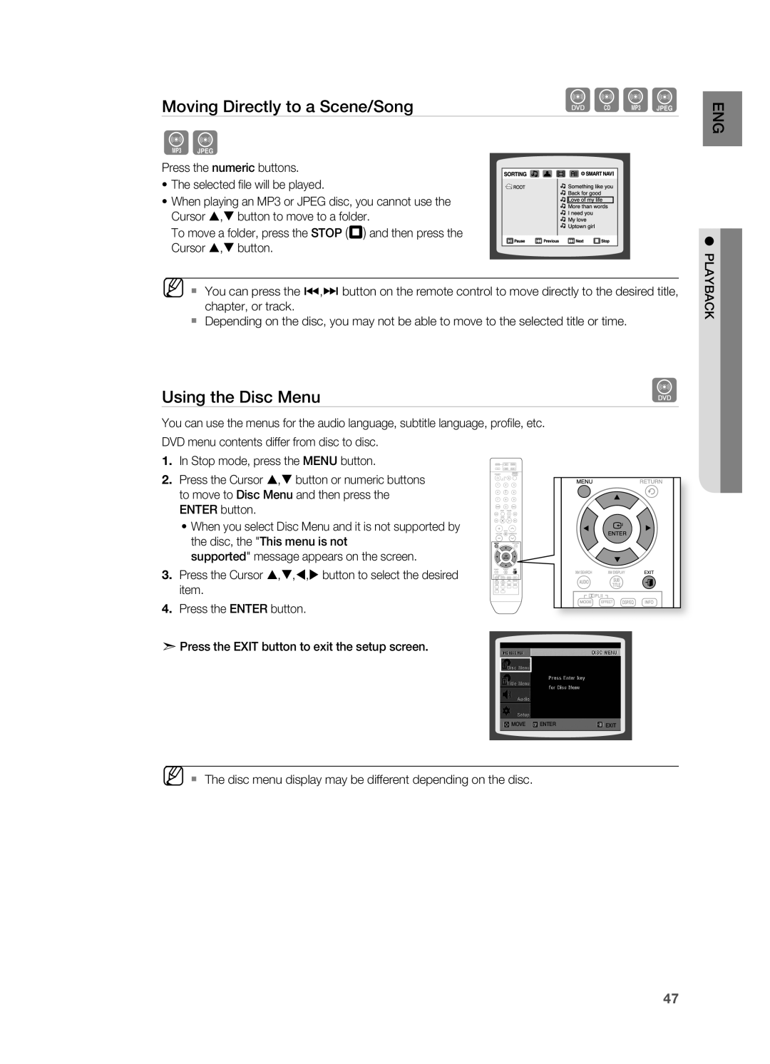 Samsung HT-TZ515 user manual dBAG, Moving Directly to a Scene/Song, Using the Disc Menu 