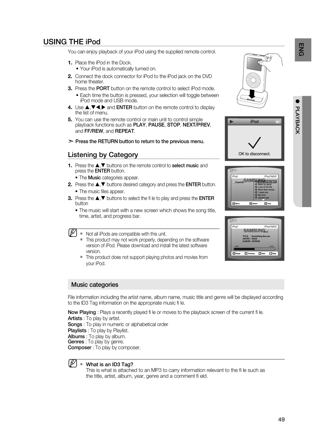 Samsung HT-TZ515 user manual USINg THE iPod, Listening by Category, Music categories 