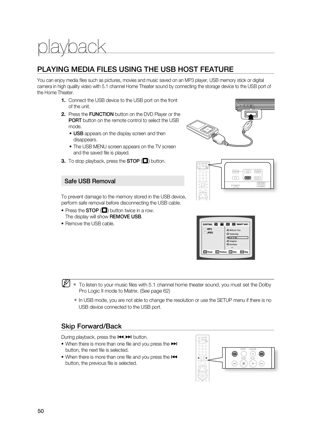 Samsung HT-TZ515 user manual PLAYINg MEDIA FILES USINg THE USB HOST FEATUrE, playback, Safe USB removal 