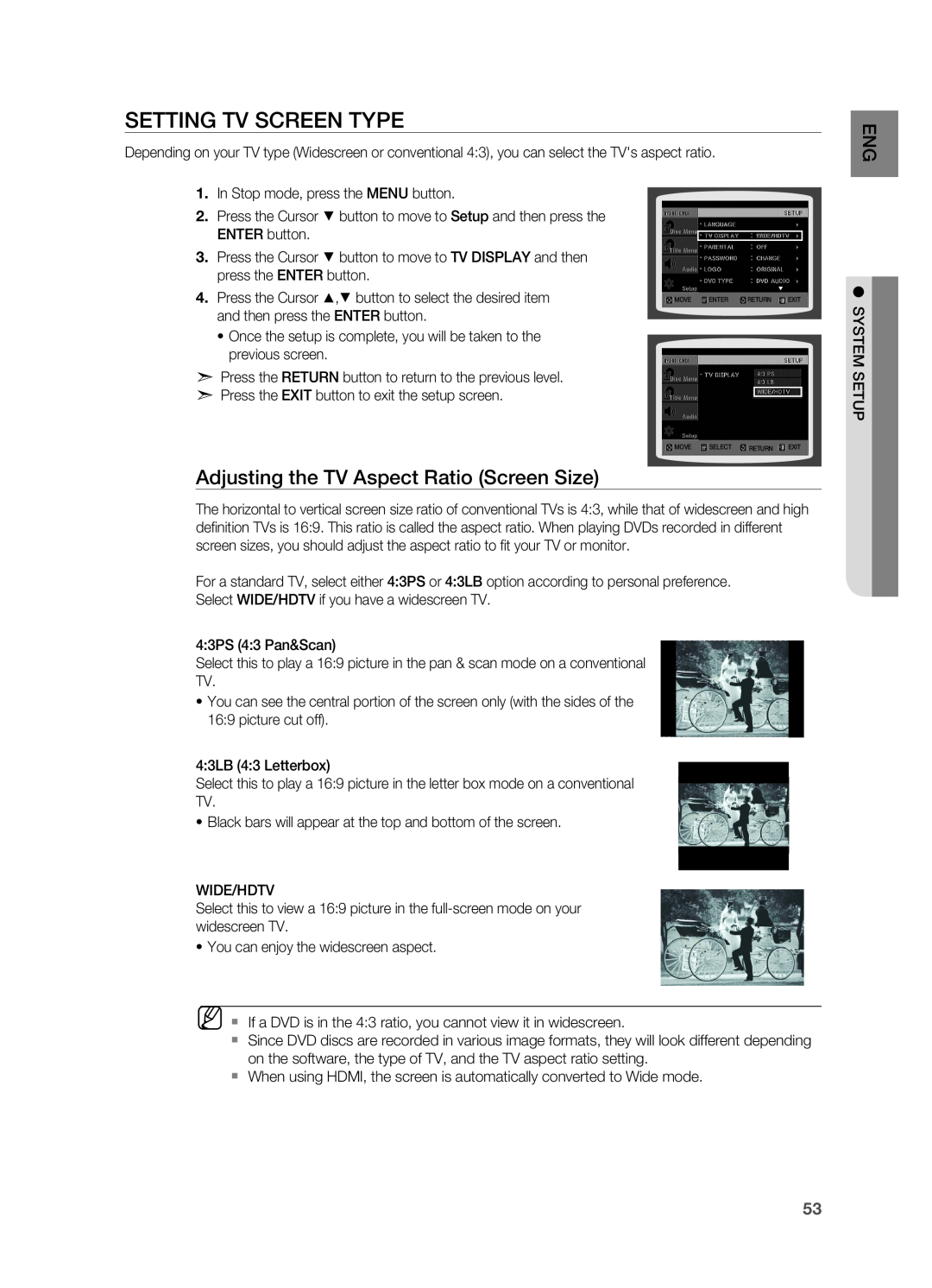 Samsung HT-TZ515 user manual Setting TV Screen Type, Adjusting the TV Aspect Ratio Screen Size 