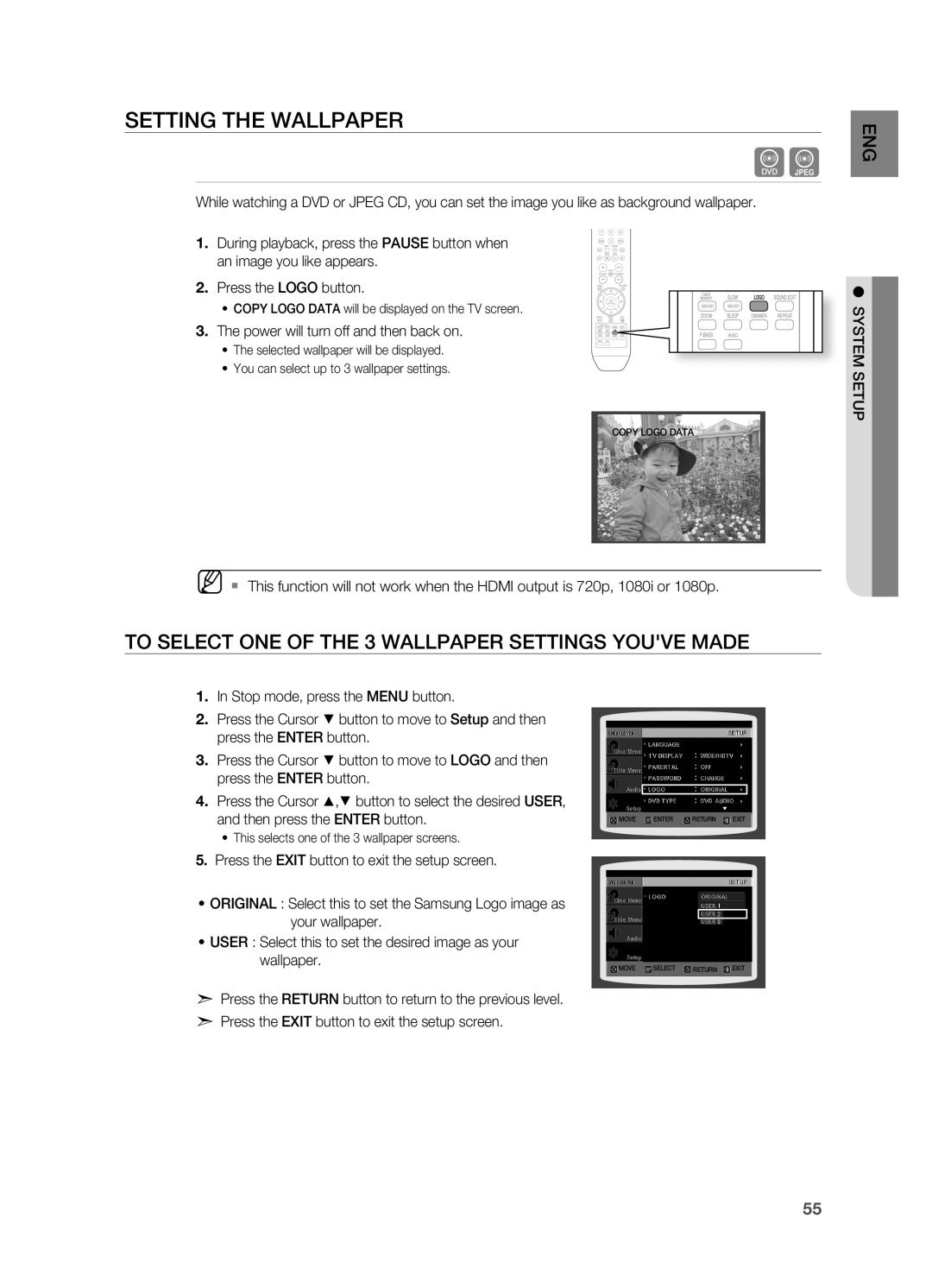 Samsung HT-TZ515 user manual SETTINg THE WALLPAPEr 